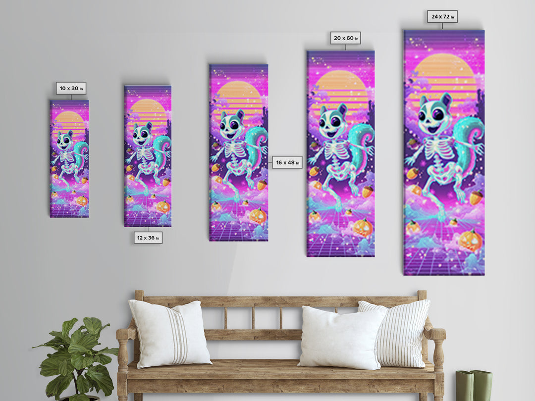 The Squirrel Skeleton, Synthwave Halloween Art, Tall Narrow Wall Art, Framed Canvas Print, Retro Halloween Decor, Neon Wall Art
