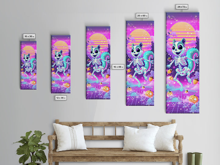 The Squirrel Skeleton, Synthwave Halloween Art, Tall Narrow Wall Art, Framed Canvas Print, Retro Halloween Decor, Neon Wall Art