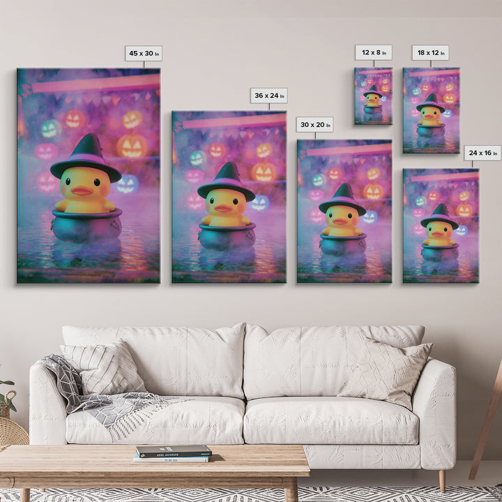 The Duckling Witch, Cute Spooky Neon Art, Vertical Wall Art, Canvas Print, Retro Halloween Decor, Neon Wall Art, Gothic Home Decor