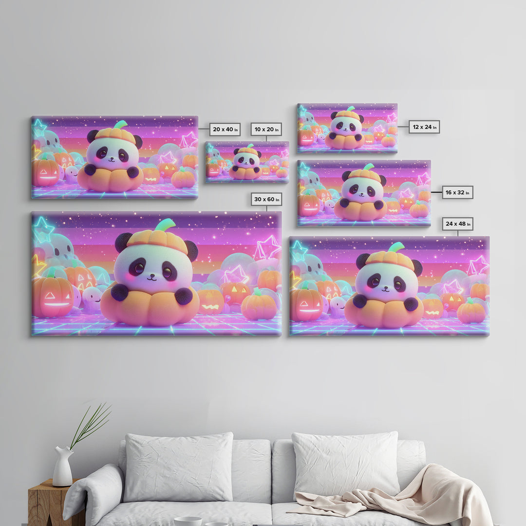 The Panda Pumpkin, 80s Halloween Wall Art, Wide Panoramic Art, Framed Canvas Print, Retro Halloween Decor, Neon Wall Art, Dark Fantasy Art