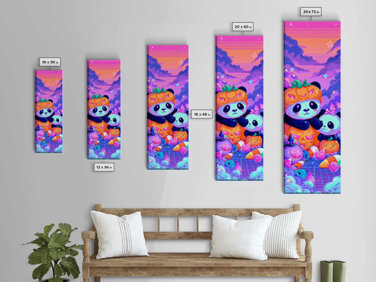 The Panda Pumpkin, 80s Halloween Wall Art, Tall Narrow Wall Art, Framed Canvas Print, Retro Halloween Decor, Neon Wall Art