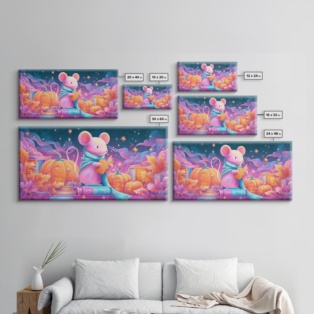 The Magician Mouse, 80s Halloween Wall Art, Wide Panoramic Art, Canvas Print, Retro Halloween Decor, Neon Wall Art, Dark Fantasy Art