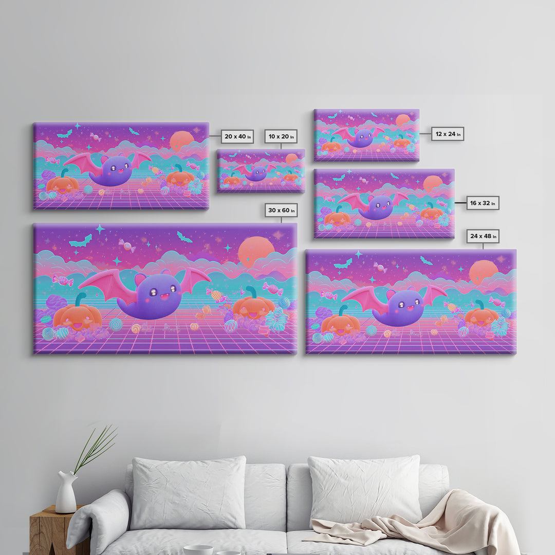 The Bat-Winged Otter, 80s Halloween Wall Art, Wide Panoramic Art, Framed Canvas Print, Retro Halloween Decor, Neon Wall Art