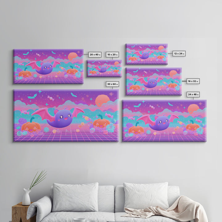 The Bat-Winged Otter, 80s Halloween Wall Art, Wide Panoramic Art, Framed Canvas Print, Retro Halloween Decor, Neon Wall Art