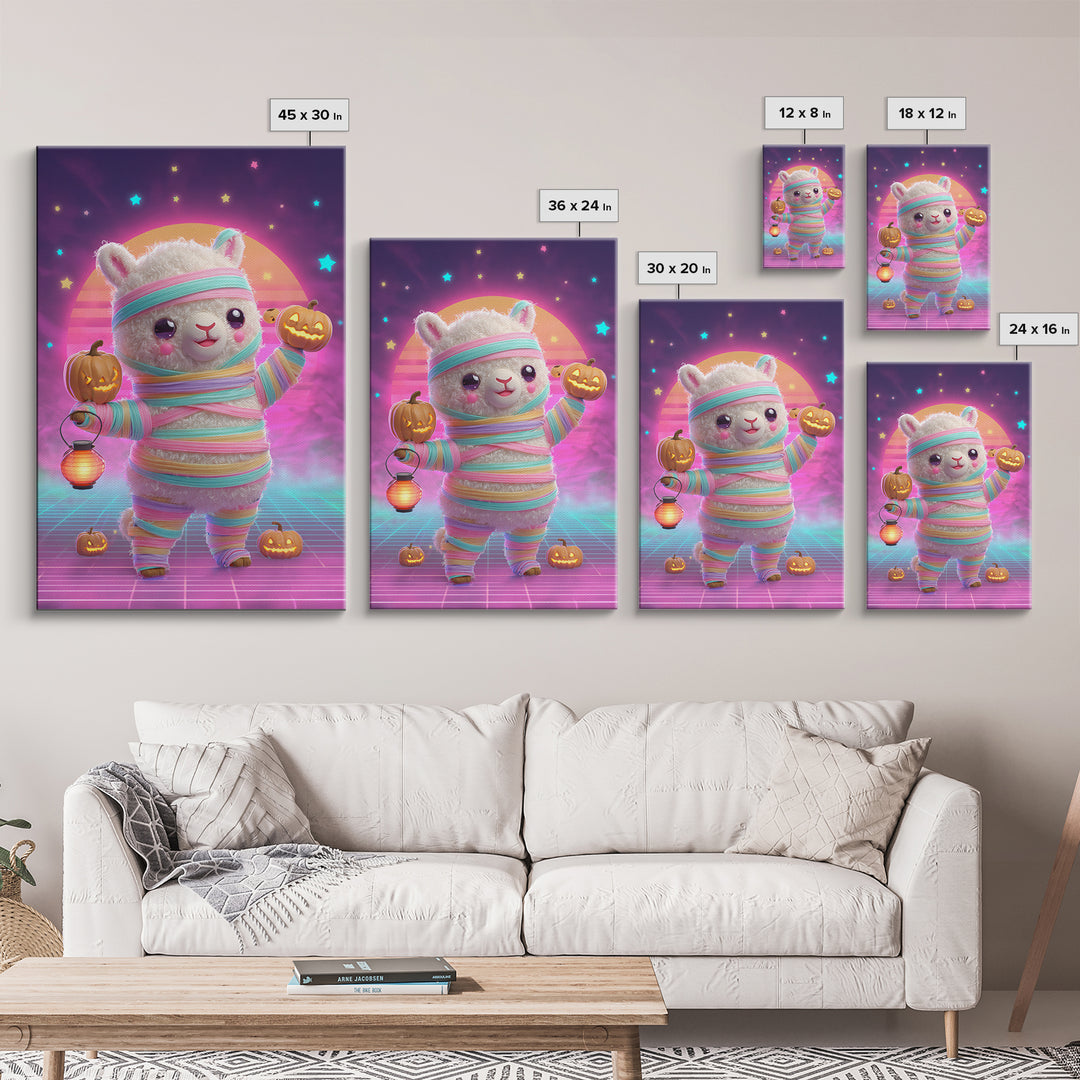 The Llama Mummy, Cute Spooky Neon Art, Vertical Wall Art, Framed Canvas Print, Retro Halloween Decor, Neon Wall Art, Macabre Wall Art