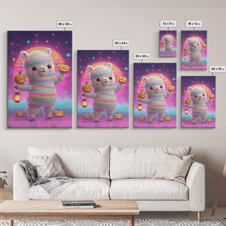 The Llama Mummy, Cute Spooky Neon Art, Vertical Wall Art, Framed Canvas Print, Retro Halloween Decor, Neon Wall Art, Macabre Wall Art