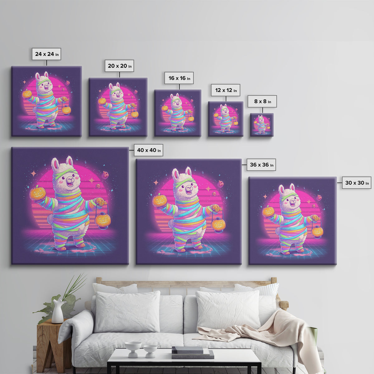 The Llama Mummy, Synthwave Halloween Art, Square Wall Art, Framed Canvas Print, Retro Halloween Decor, Neon Wall Art, Collectible Wall Decor