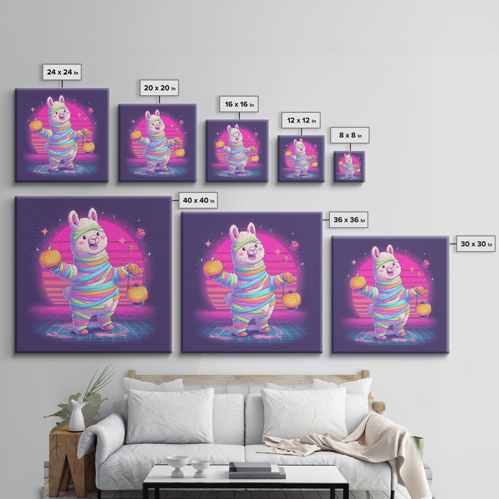 The Llama Mummy, Synthwave Halloween Art, Square Wall Art, Framed Canvas Print, Retro Halloween Decor, Neon Wall Art, Collectible Wall Decor