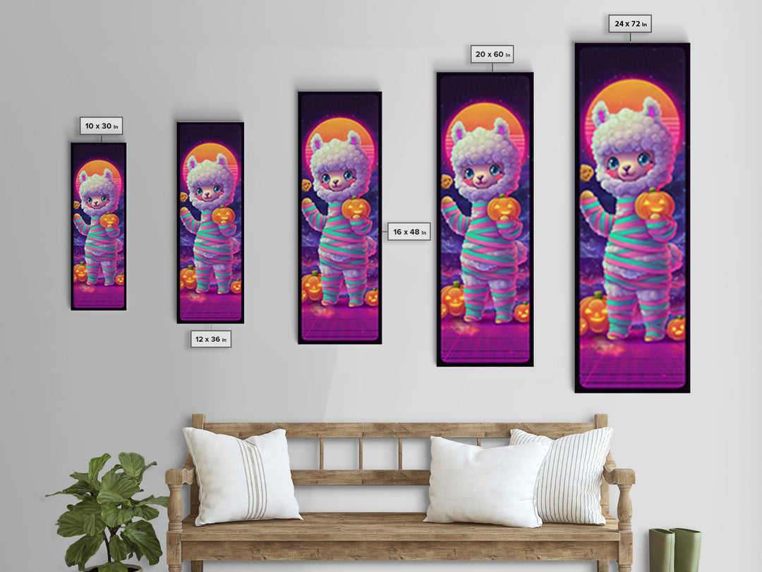 The Llama Mummy, Cute Spooky Neon Art, Tall Narrow Wall Art, Framed Canvas Print, Retro Halloween Decor, Neon Wall Art, Dark Fantasy Art