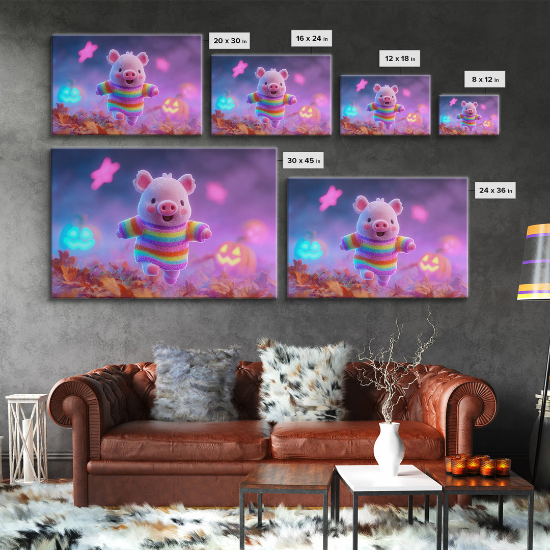 The Candy Corn Piglet, Cute Spooky Neon Art, Landscape Wall Art, Framed Canvas Print, Retro Halloween Decor, Neon Wall Art