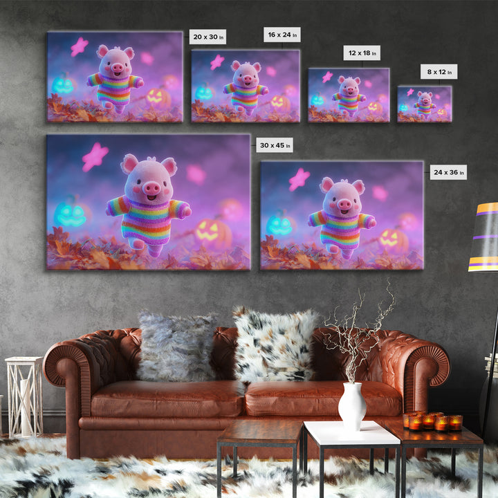 The Candy Corn Piglet, Cute Spooky Neon Art, Landscape Wall Art, Framed Canvas Print, Retro Halloween Decor, Neon Wall Art