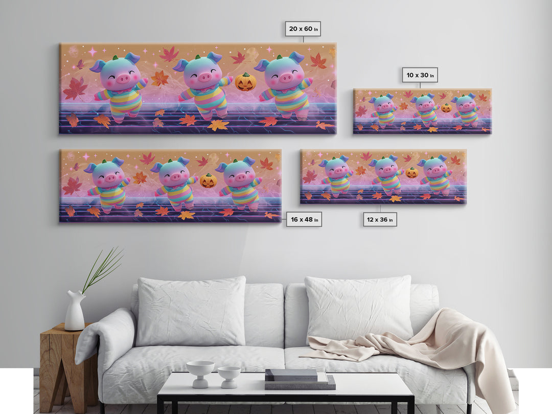 The Candy Corn Piglet, Synthwave Halloween Art, Extra Wide Wall Art, Framed Canvas Print, Retro Halloween Decor, Neon Wall Art