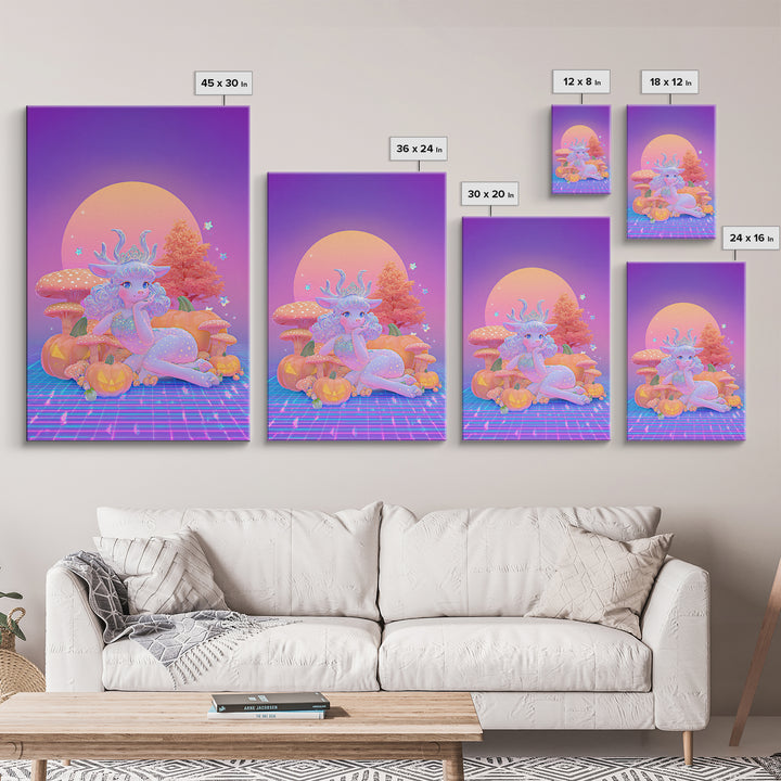 The Moon Princess Deer, Synthwave Halloween Art, Vertical Wall Art, Framed Canvas Print, Retro Halloween Decor, Neon Wall Art