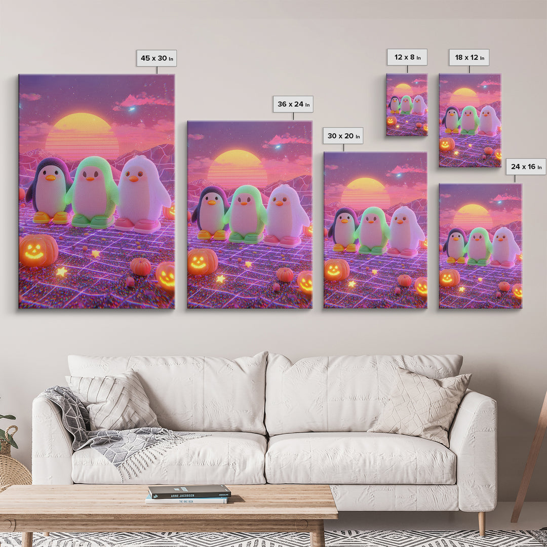 The Penguin Monster, Cute Spooky Neon Art, Vertical Wall Art, Framed Canvas Print, Retro Halloween Decor, Neon Wall Art, Gothic Home Decor