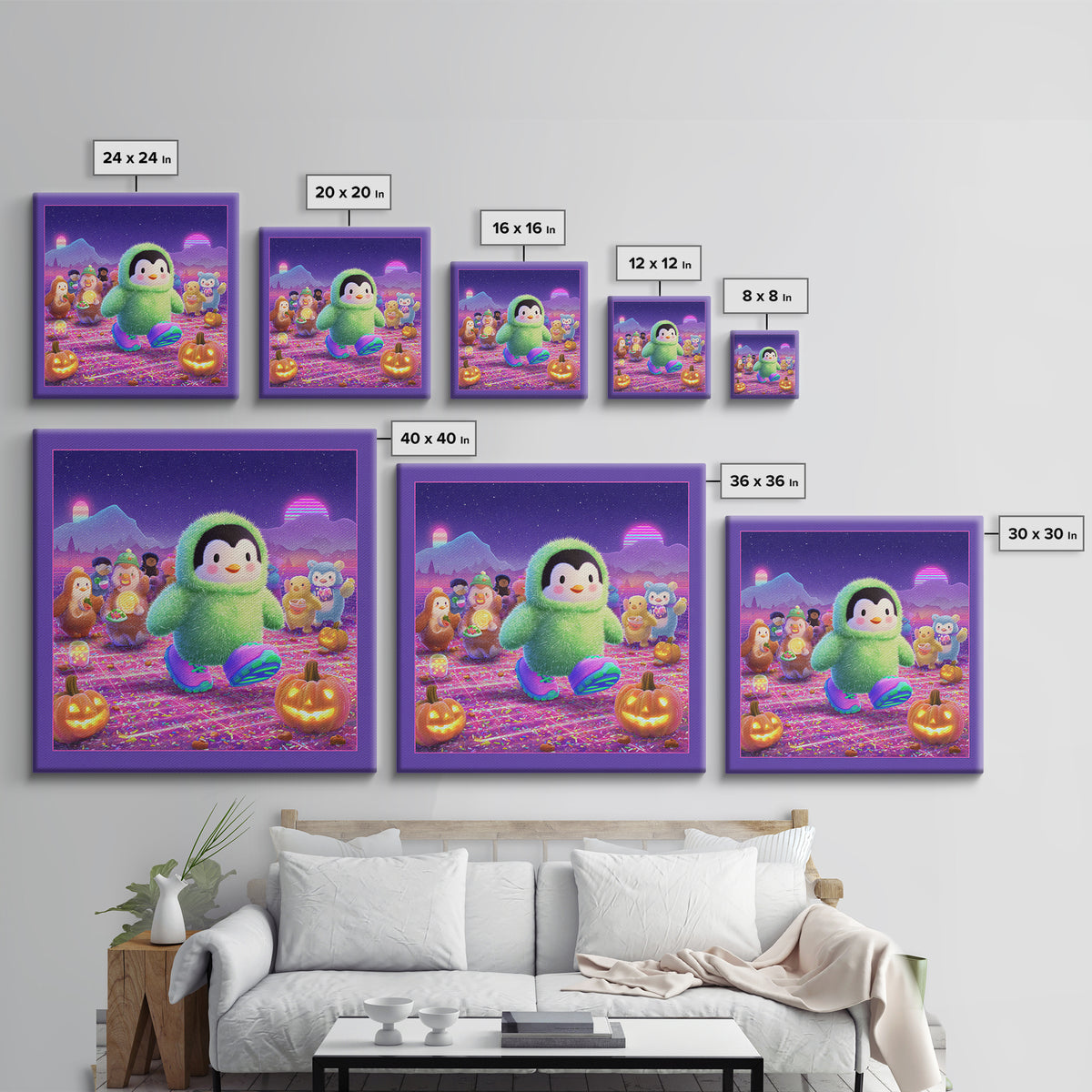 The Penguin Monster, Vaporwave Halloween Decor, Square Wall Art, Canvas Print, Retro Halloween Decor, Neon Wall Art, Gothic Home Decor