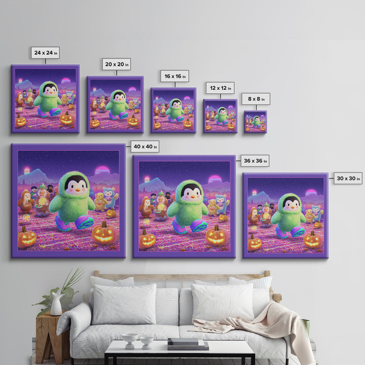 The Penguin Monster, Vaporwave Halloween Decor, Square Wall Art, Canvas Print, Retro Halloween Decor, Neon Wall Art, Gothic Home Decor