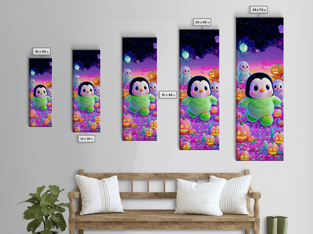 The Penguin Monster, Cute Spooky Neon Art, Tall Narrow Wall Art, Canvas Print, Retro Halloween Decor, Neon Wall Art, Spooky Wall Decor