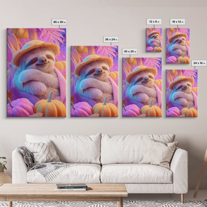 The Scarecrow Sloth, 80s Halloween Wall Art, Vertical Wall Art, Canvas Print, Retro Halloween Decor, Neon Wall Art, Gothic Home Decor