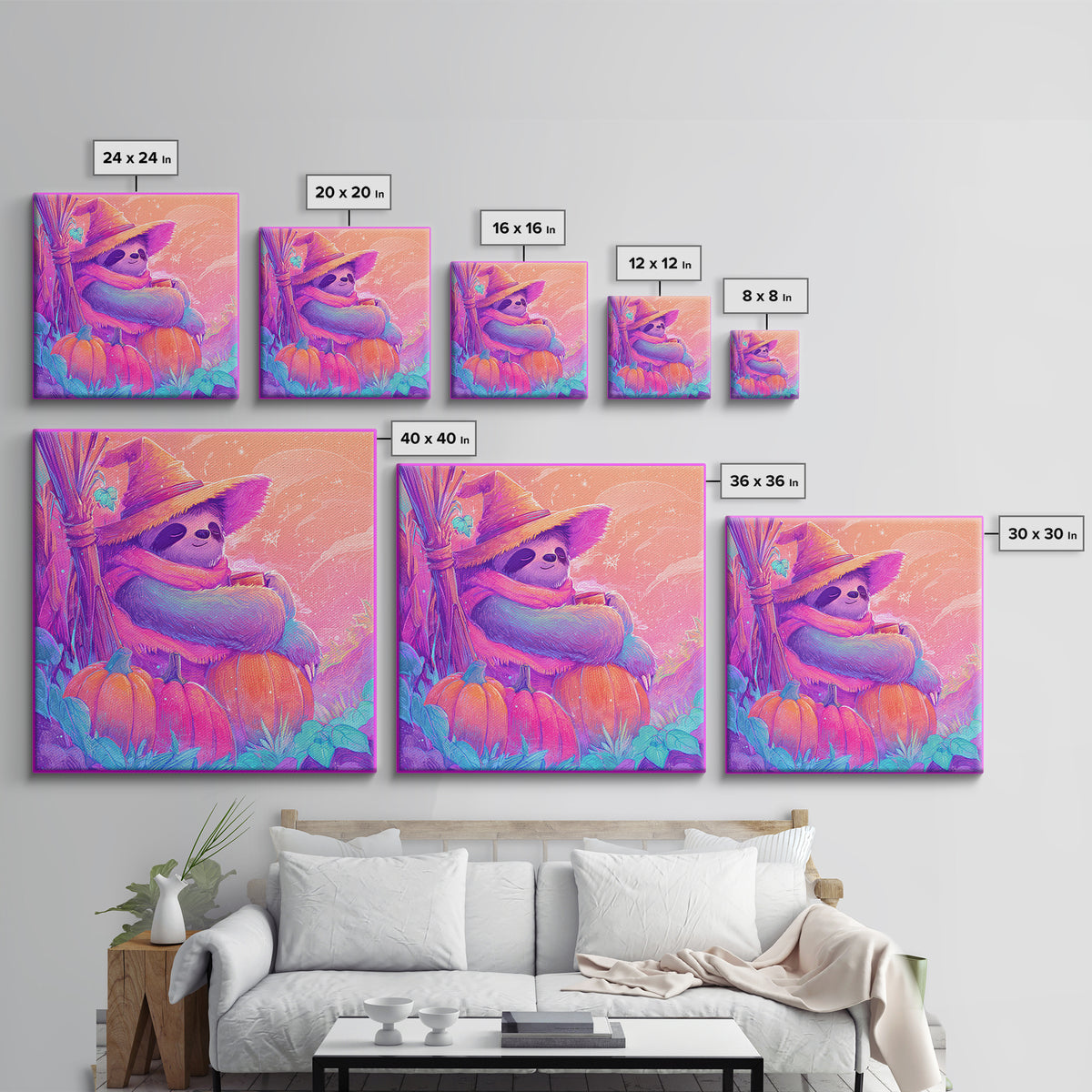 The Scarecrow Sloth, Cute Spooky Neon Art, Square Wall Art, Framed Canvas Print, Retro Halloween Decor, Neon Wall Art, Spooky Wall Decor
