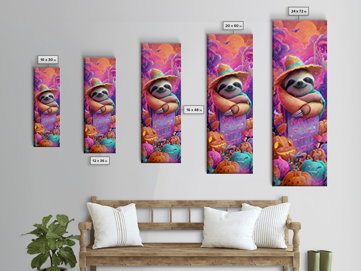 The Scarecrow Sloth, 80s Halloween Wall Art, Tall Narrow Wall Art, Canvas Print, Retro Halloween Decor, Neon Wall Art, Horror Wall Art