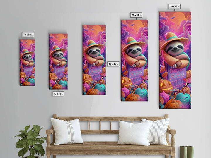 The Scarecrow Sloth, 80s Halloween Wall Art, Tall Narrow Wall Art, Canvas Print, Retro Halloween Decor, Neon Wall Art, Horror Wall Art