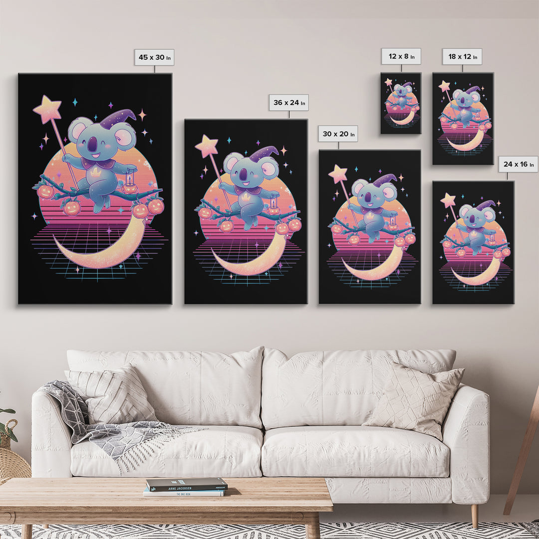 The Koala Wizard, Retro Neon Halloween Art, Vertical Wall Art, Canvas Print, Retro Halloween Decor, Neon Wall Art, Statement Wall Art