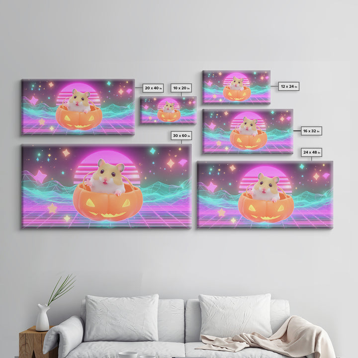 The Pumpkin Hamster, Retro Neon Halloween Art, Wide Panoramic Art, Framed Canvas Print, Retro Halloween Decor, Neon Wall Art