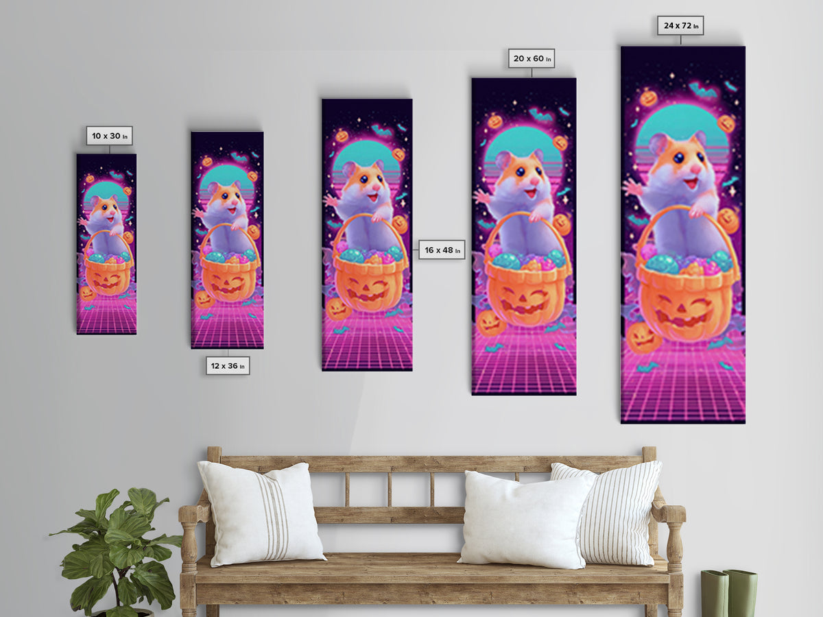 The Pumpkin Hamster, Synthwave Halloween Art, Tall Narrow Wall Art, Framed Canvas Print, Retro Halloween Decor, Neon Wall Art