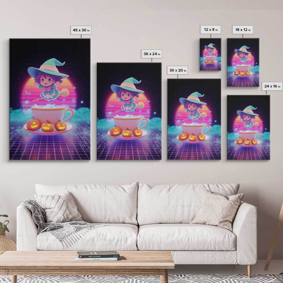 The Teacup Witch, Cute Spooky Neon Art, Vertical Wall Art, Framed Canvas Print, Retro Halloween Decor, Neon Wall Art, Seasonal Home Decor