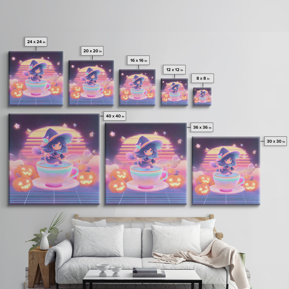 The Teacup Witch, Retro Neon Halloween Art, Square Wall Art, Framed Canvas Print, Retro Halloween Decor, Neon Wall Art