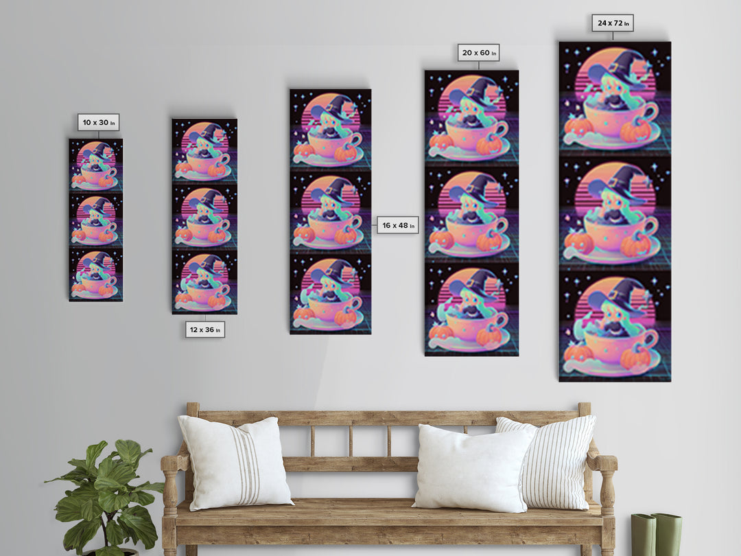 The Teacup Witch, Retro Neon Halloween Art, Tall Narrow Wall Art, Framed Canvas Print, Retro Halloween Decor, Neon Wall Art