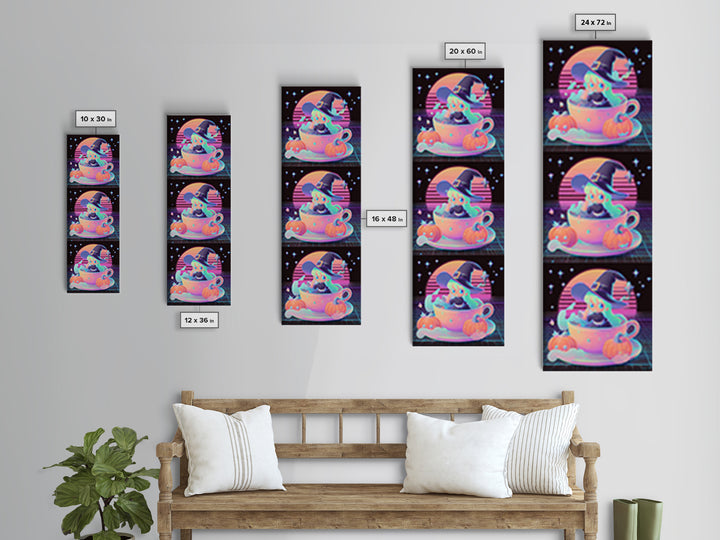 The Teacup Witch, Retro Neon Halloween Art, Tall Narrow Wall Art, Framed Canvas Print, Retro Halloween Decor, Neon Wall Art