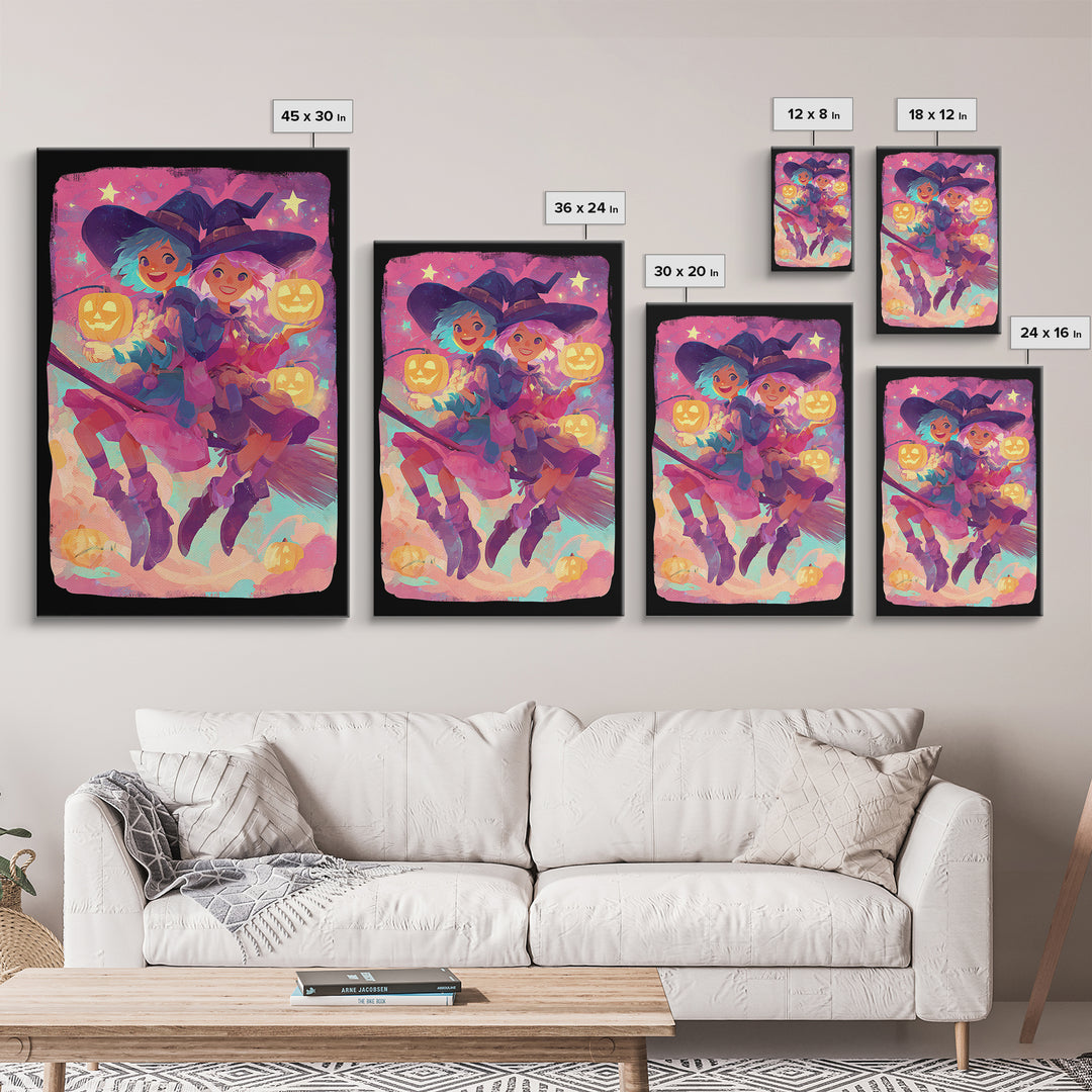 The Twin Broomstick Witches, 80s Halloween Wall Art, Vertical Wall Art, Framed Canvas Print, Retro Halloween Decor, Neon Wall Art