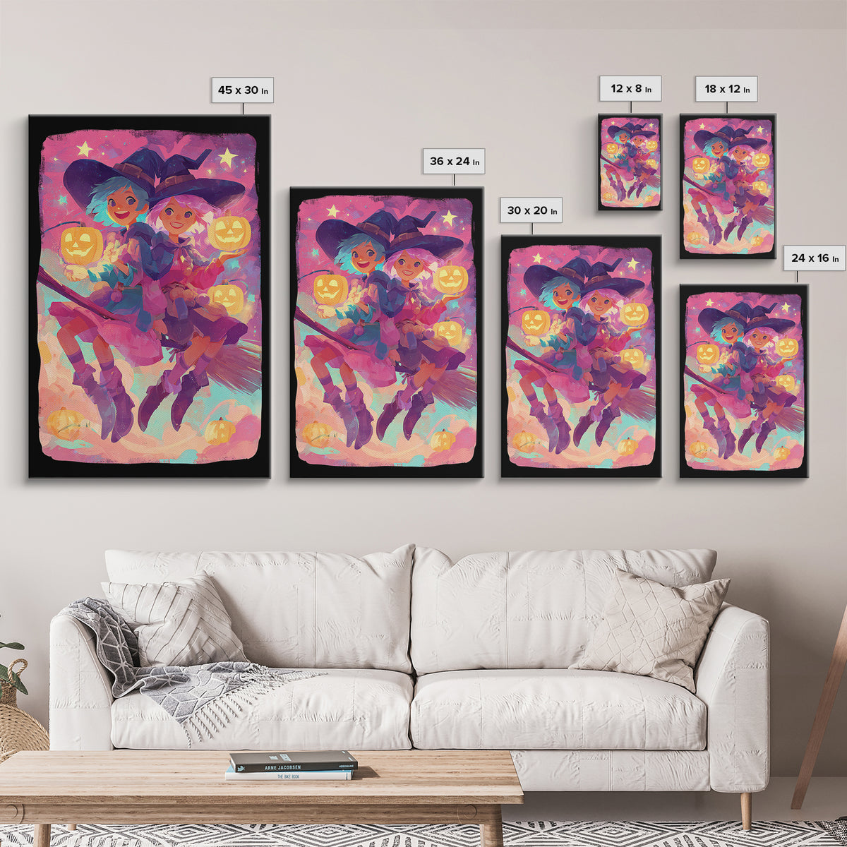 The Twin Broomstick Witches, 80s Halloween Wall Art, Vertical Wall Art, Framed Canvas Print, Retro Halloween Decor, Neon Wall Art