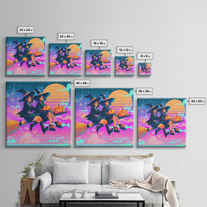The Twin Broomstick Witches, Vaporwave Halloween Decor, Square Wall Art, Canvas Print, Retro Halloween Decor, Neon Wall Art