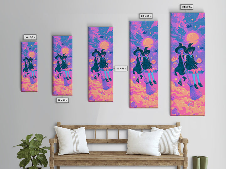 The Twin Broomstick Witches, Cute Spooky Neon Art, Tall Narrow Wall Art, Canvas Print, Retro Halloween Decor, Neon Wall Art
