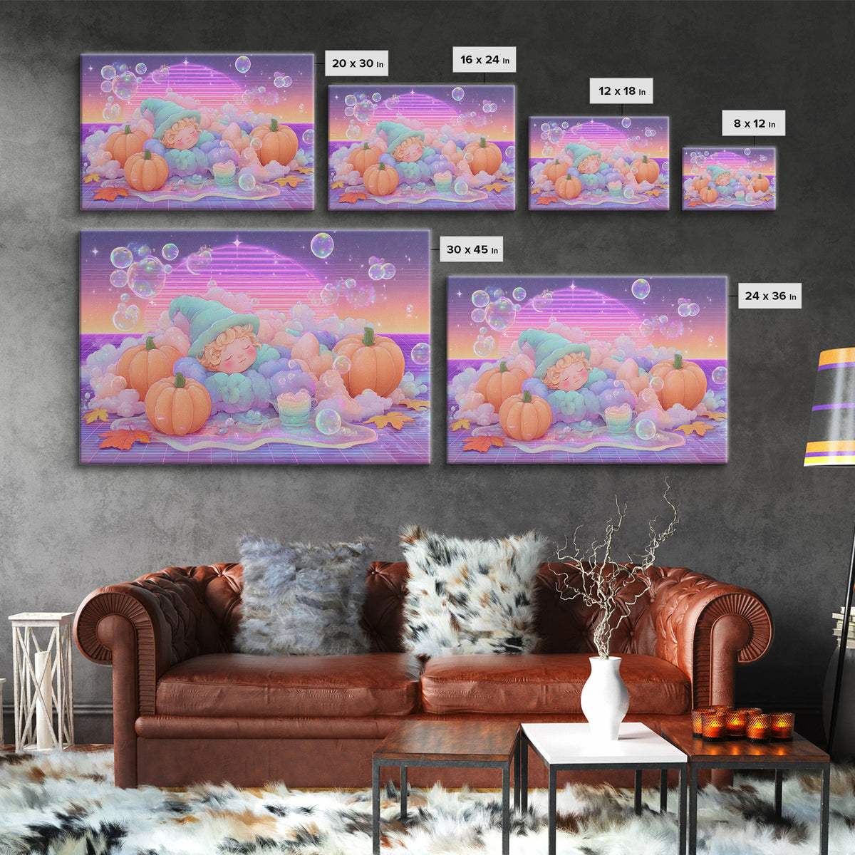 The Bubble Potion Apprentice, Synthwave Halloween Art, Landscape Wall Art, Canvas Print, Retro Halloween Decor, Neon Wall Art