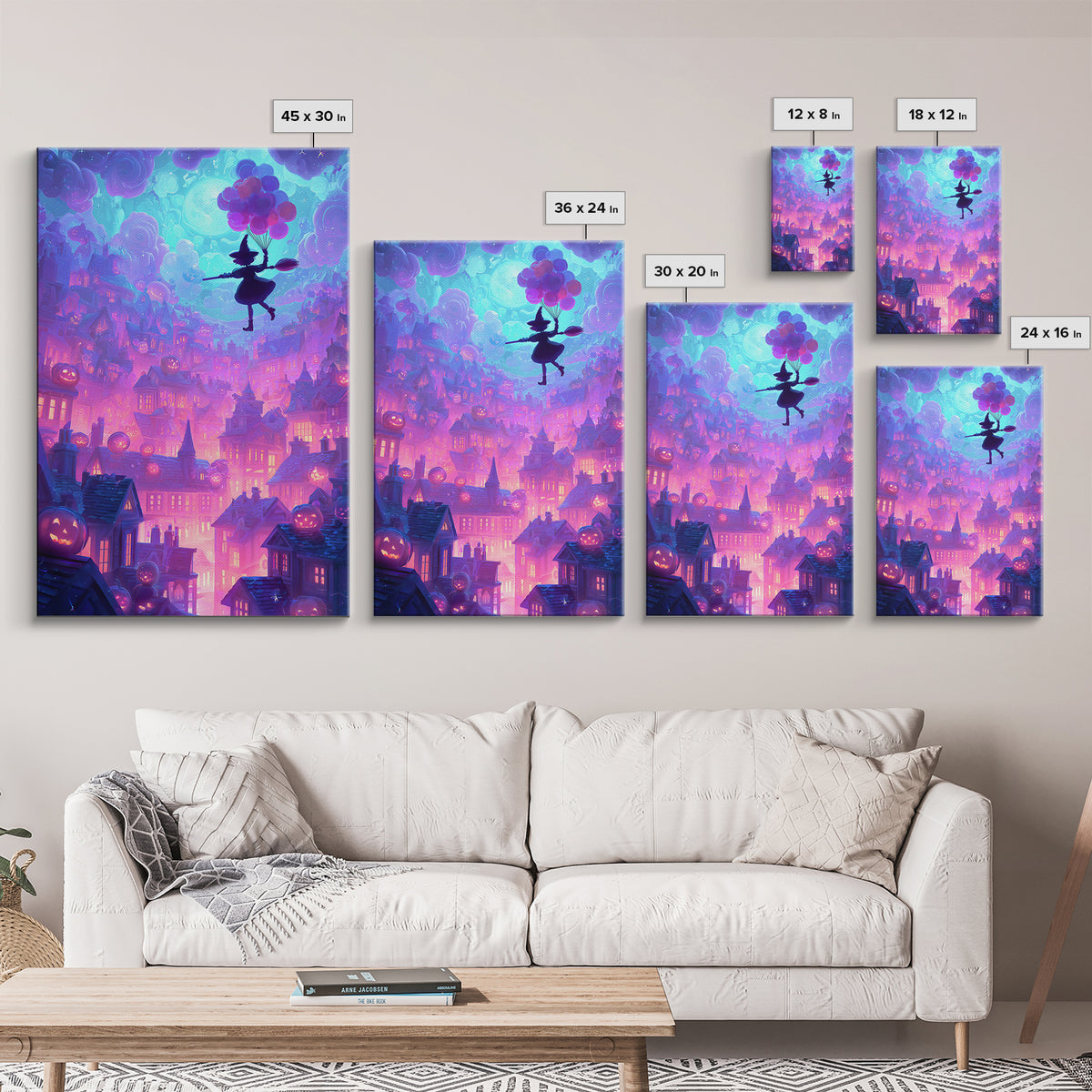 The Witch With A Balloon Broom, Cute Spooky Neon Art, Vertical Wall Art, Framed Canvas Print, Retro Halloween Decor, Neon Wall Art