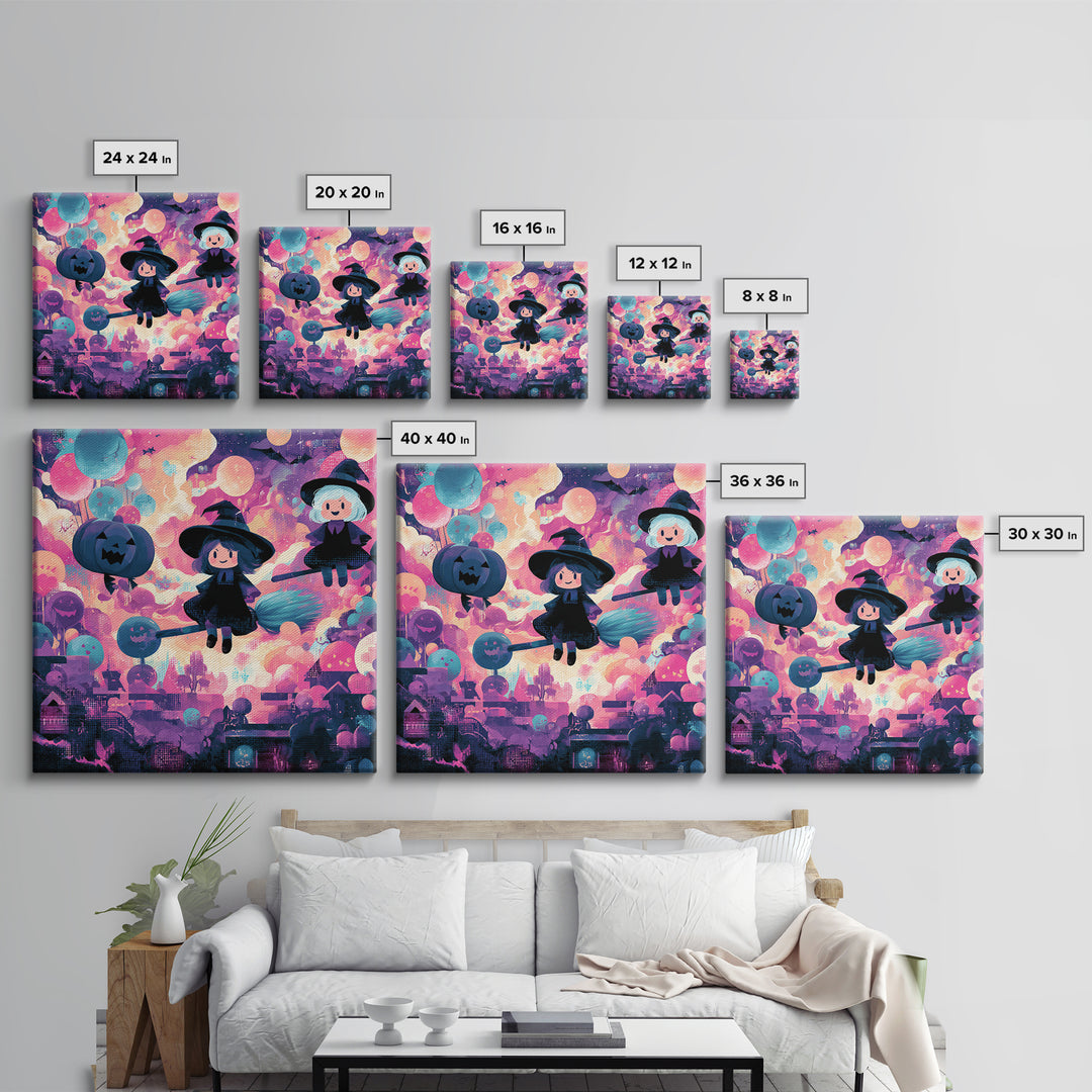 The Witch With A Balloon Broom, Synthwave Halloween Art, Square Wall Art, Canvas Print, Retro Halloween Decor, Neon Wall Art