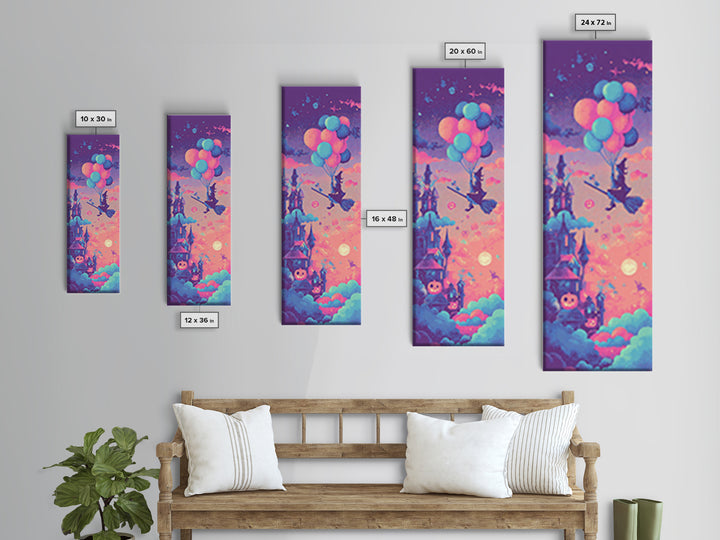 The Witch With A Balloon Broom, Vaporwave Halloween Decor, Tall Narrow Wall Art, Canvas Print, Retro Halloween Decor, Neon Wall Art