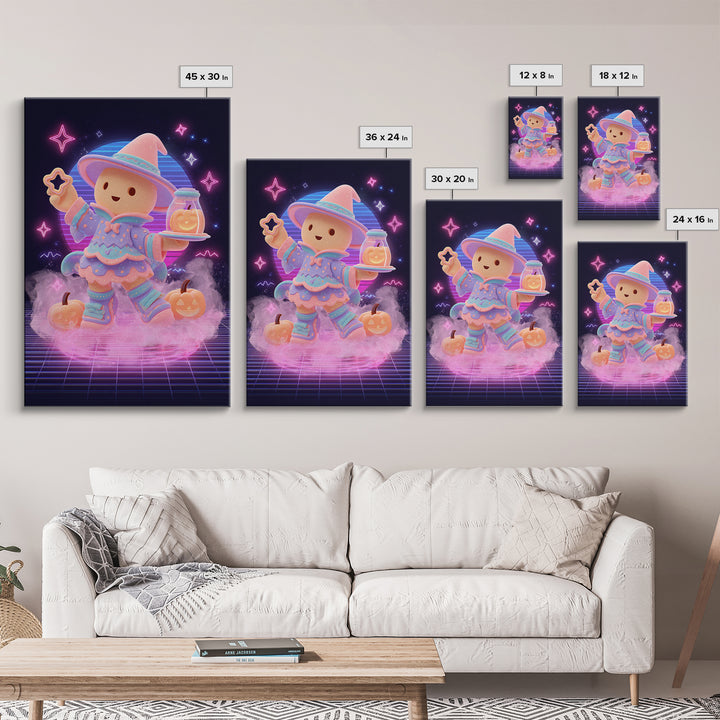 The Cookie Spellcaster, Cute Spooky Neon Art, Vertical Wall Art, Canvas Print, Retro Halloween Decor, Neon Wall Art, Collectible Wall Decor