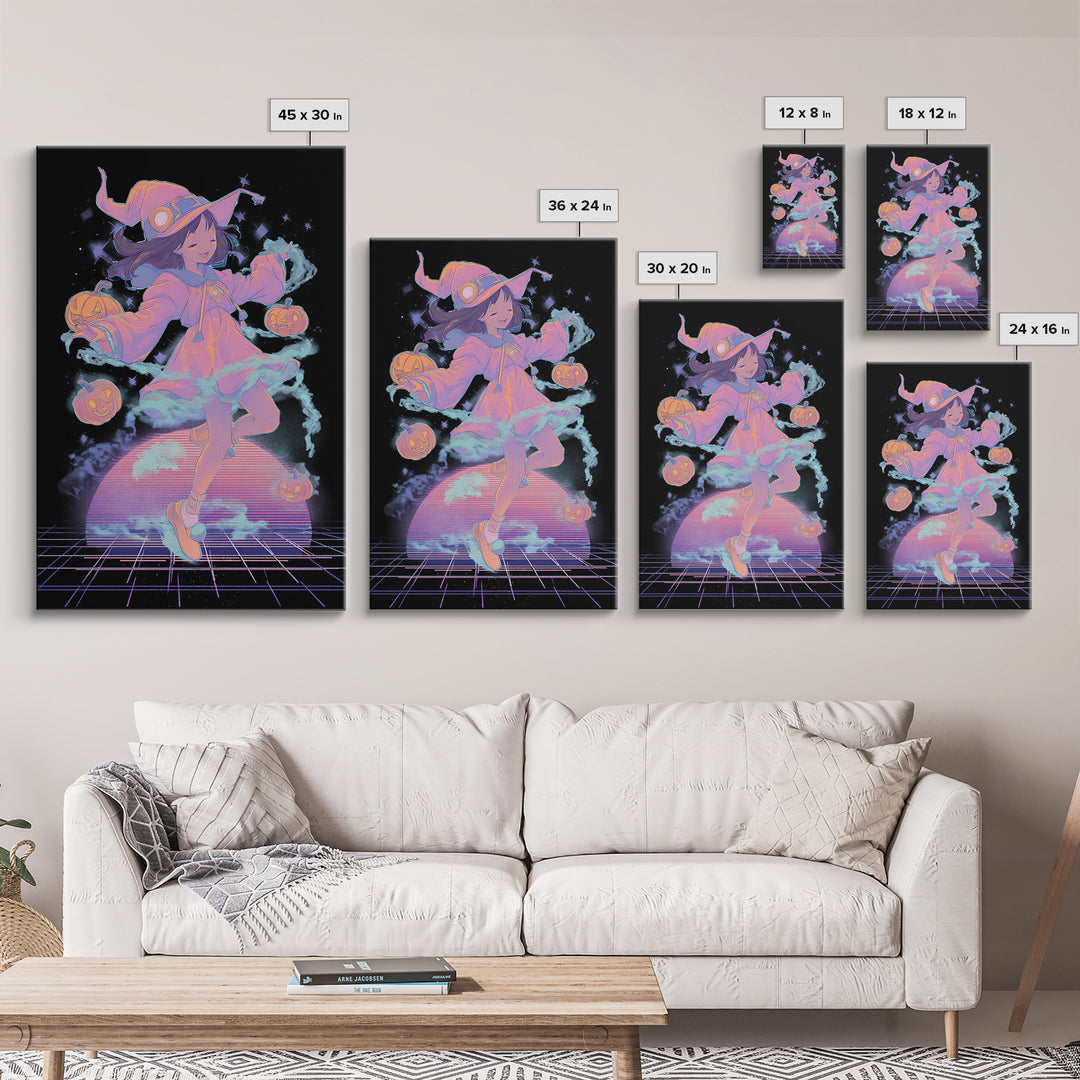 The Moonlight Pajama Witch, Vaporwave Halloween Decor, Vertical Wall Art, Canvas Print, Retro Halloween Decor, Neon Wall Art