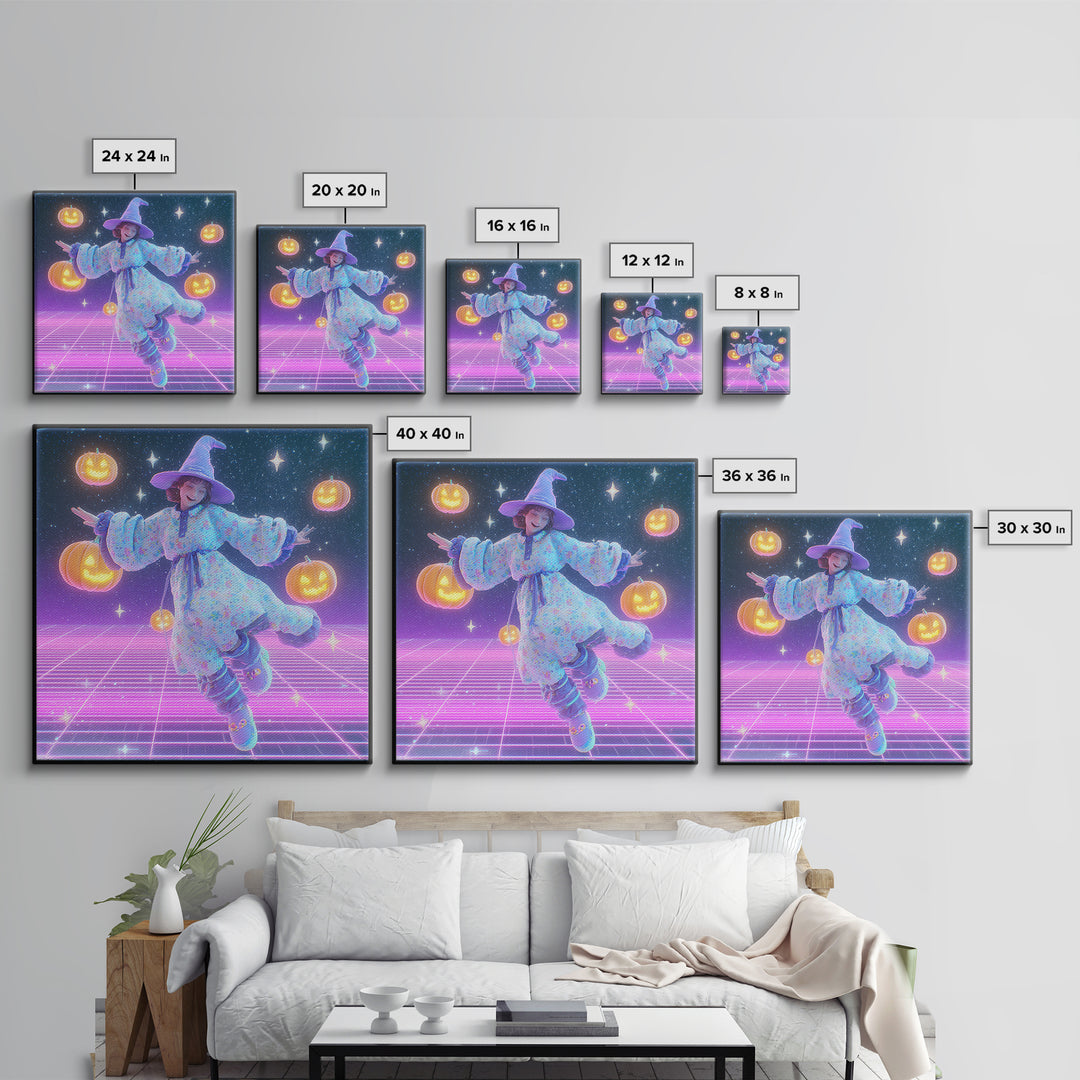The Moonlight Pajama Witch, Synthwave Halloween Art, Square Wall Art, Canvas Print, Retro Halloween Decor, Neon Wall Art