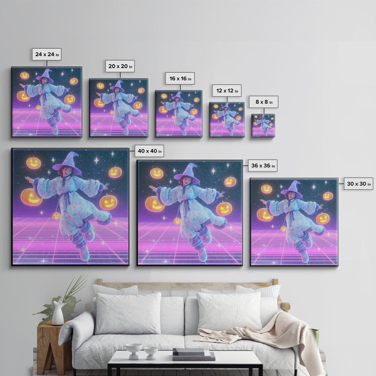The Moonlight Pajama Witch, Synthwave Halloween Art, Square Wall Art, Canvas Print, Retro Halloween Decor, Neon Wall Art