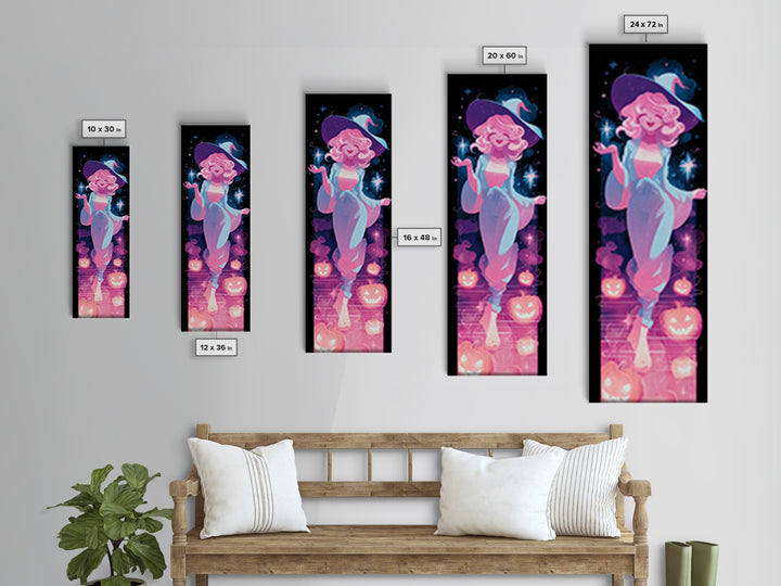 The Moonlight Pajama Witch, Cute Spooky Neon Art, Tall Narrow Wall Art, Framed Canvas Print, Retro Halloween Decor, Neon Wall Art