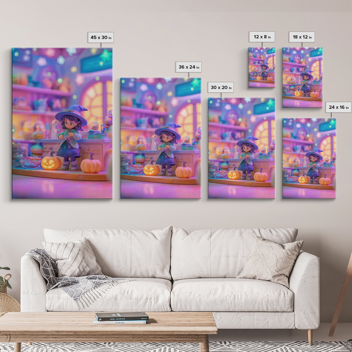 The Tiny Hat Shop Witch, Synthwave Halloween Art, Vertical Wall Art, Framed Canvas Print, Retro Halloween Decor, Neon Wall Art
