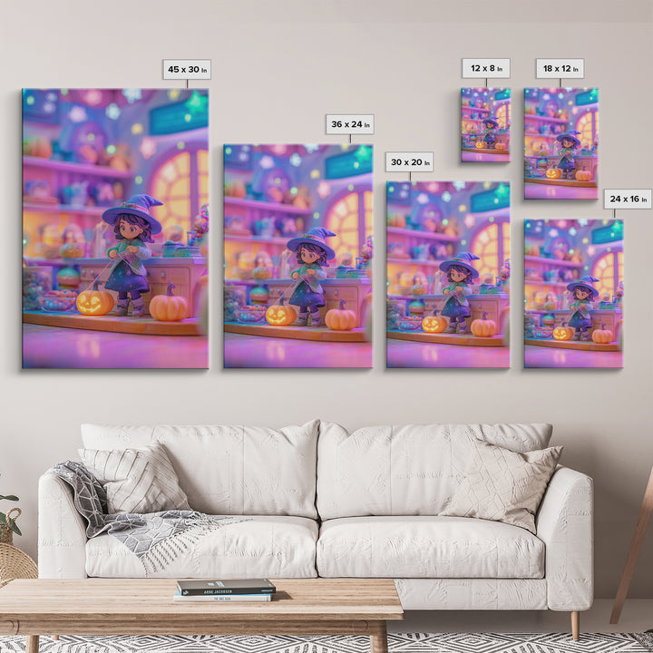 The Tiny Hat Shop Witch, Synthwave Halloween Art, Vertical Wall Art, Framed Canvas Print, Retro Halloween Decor, Neon Wall Art