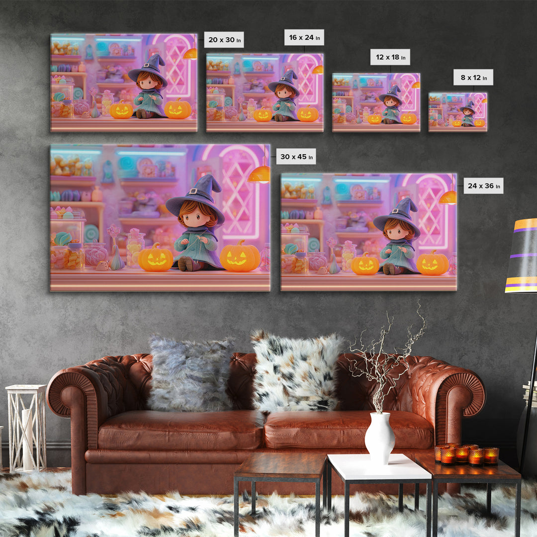 The Tiny Hat Shop Witch, Vaporwave Halloween Decor, Landscape Wall Art, Framed Canvas Print, Retro Halloween Decor, Neon Wall Art