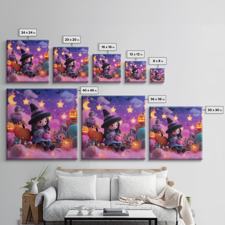 The Tiny Hat Shop Witch, Synthwave Halloween Art, Square Wall Art, Framed Canvas Print, Retro Halloween Decor, Neon Wall Art