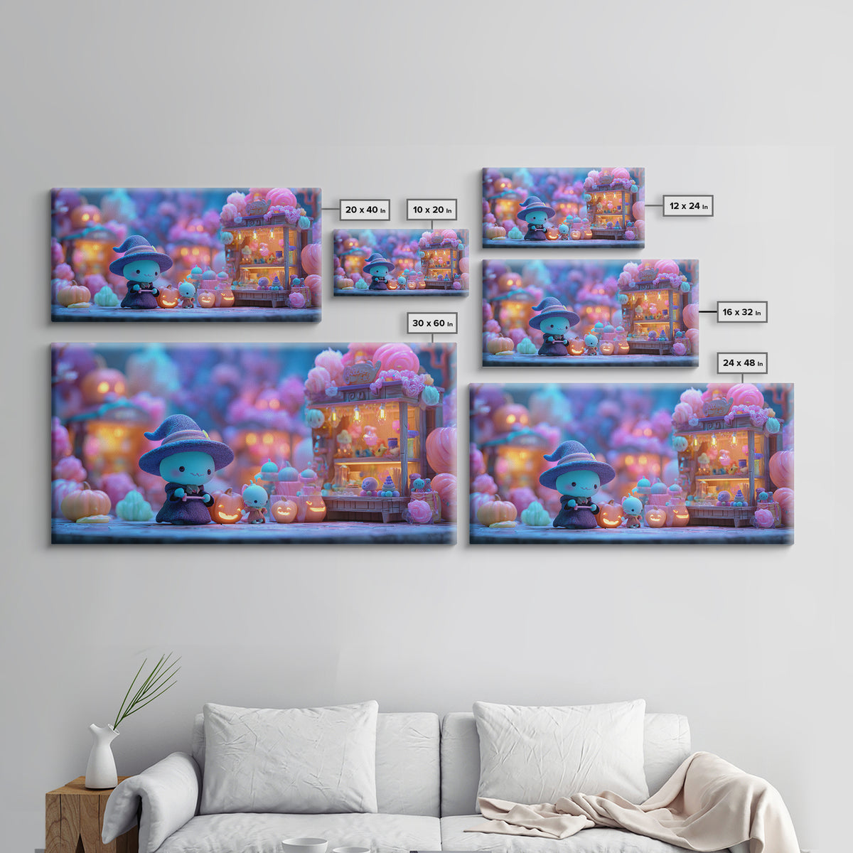 The Tiny Hat Shop Witch, Retro Neon Halloween Art, Wide Panoramic Art, Framed Canvas Print, Retro Halloween Decor, Neon Wall Art